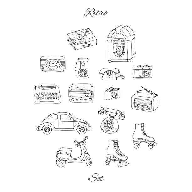 Vector retro set with antique tech, car, scooter, juke box, radio, typewriter, roller skates, cameras and vinyl record player Vector retro set with antique tech, car, scooter, juke box, radio, typewriter, roller skates, cameras and vinyl record player. Hand drawn collection of vintage objects. doodle stock illustrations