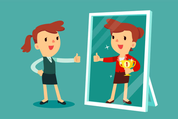 businesswoman looking at mirror and imagine herself successful Businesswomen standing in front of a mirror looking at her reflection and imagine herself successful. Business concept. self improvement stock illustrations