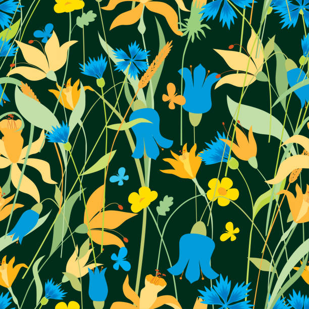ilustraciones, imágenes clip art, dibujos animados e iconos de stock de patrón de flores de prado diferentes - daffodil stem yellow spring