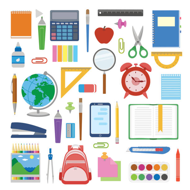 School supplies and items set isolated on white background. Back to school equipment. Education workspace accessories. Infographic elements. School supplies and items set isolated on white background. Back to school equipment. Education workspace accessories. Infographic elements. Vector illustration. school supply clipart stock illustrations