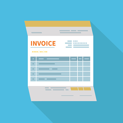 Invoice icon isolated with a long shadow. Unfilled, minimalistic form of the document. Payment and invoicing, business or financial operations sign. Template design in the flat style. Vector