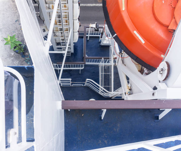 Safety lifeboat and inflatable liferafts on deck of a ship