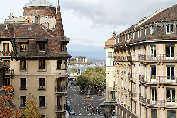 View of a narrow street in the swiss city Geneva, Switzerland