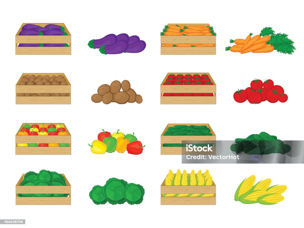 白い背景で隔離の木箱で野菜のセットです。ナス、ジャガイモ、ピーマン、キャベツ、ニンジン、トマト、キュウリ、トウモロコシ。 - 箱のロイヤリティフリーベクトルアート