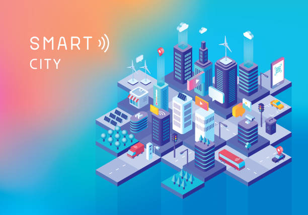 Smart city concept Editable vector illustration on layers. 
This is an AI EPS 10 file format, with transparency effects, gradients, blends and one gradient mesh. isometric smart city stock illustrations