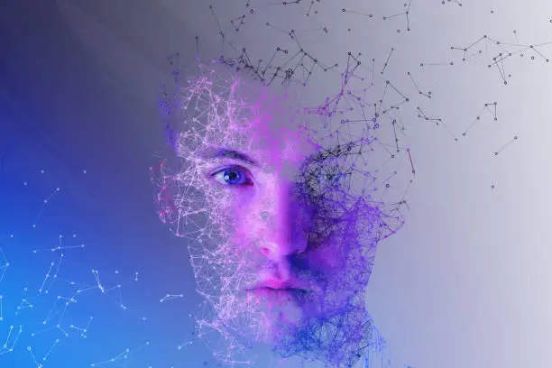 Abstract polygonal portrait of handsome european man. Cyberspace and future concept. Double exposure