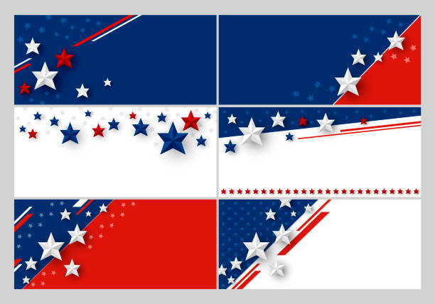 illustrazioni stock, clip art, cartoni animati e icone di tendenza di set di banner usa disegno di sfondo astratto della bandiera americana con illustrazione vettoriale dello spazio di copia - star shape red blue white