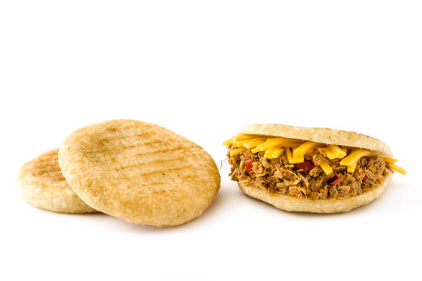 Arepa with shredded beef and cheese stock photo