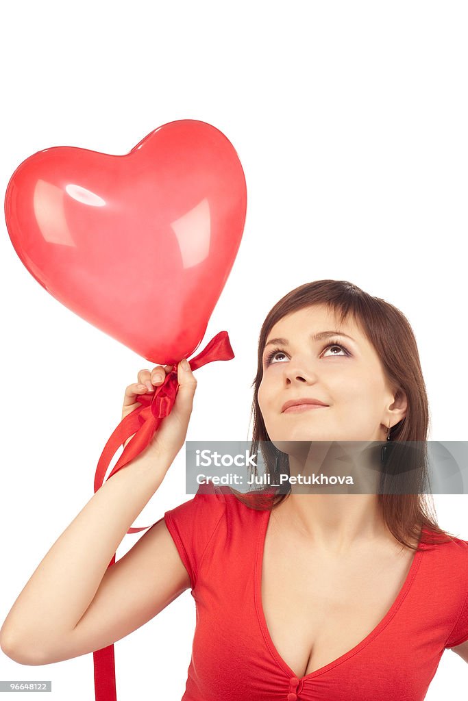 Mujer con globo corazón rojo - Foto de stock de Adulto libre de derechos