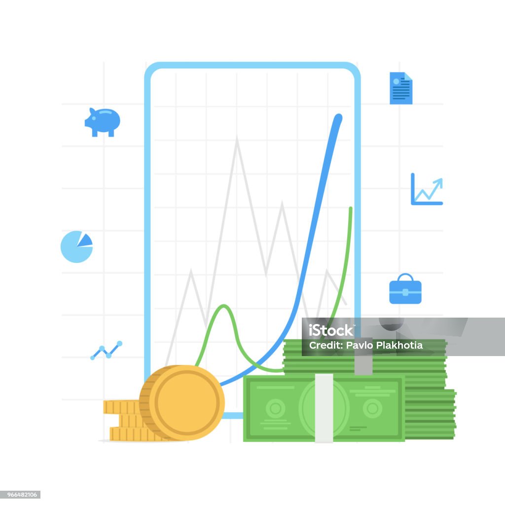 Simple Financial Graphics Finance Analitics Business Diagram Graph Chart With Money Vector Flat ...