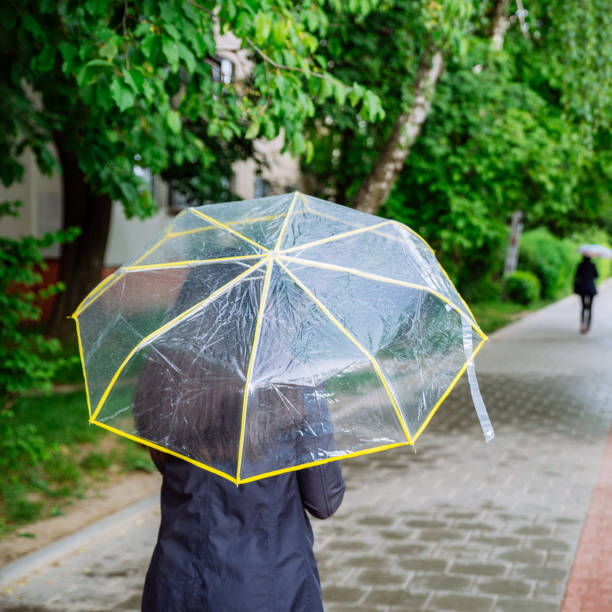 istock woman with transparent umbrella. rainy weather. 966482990