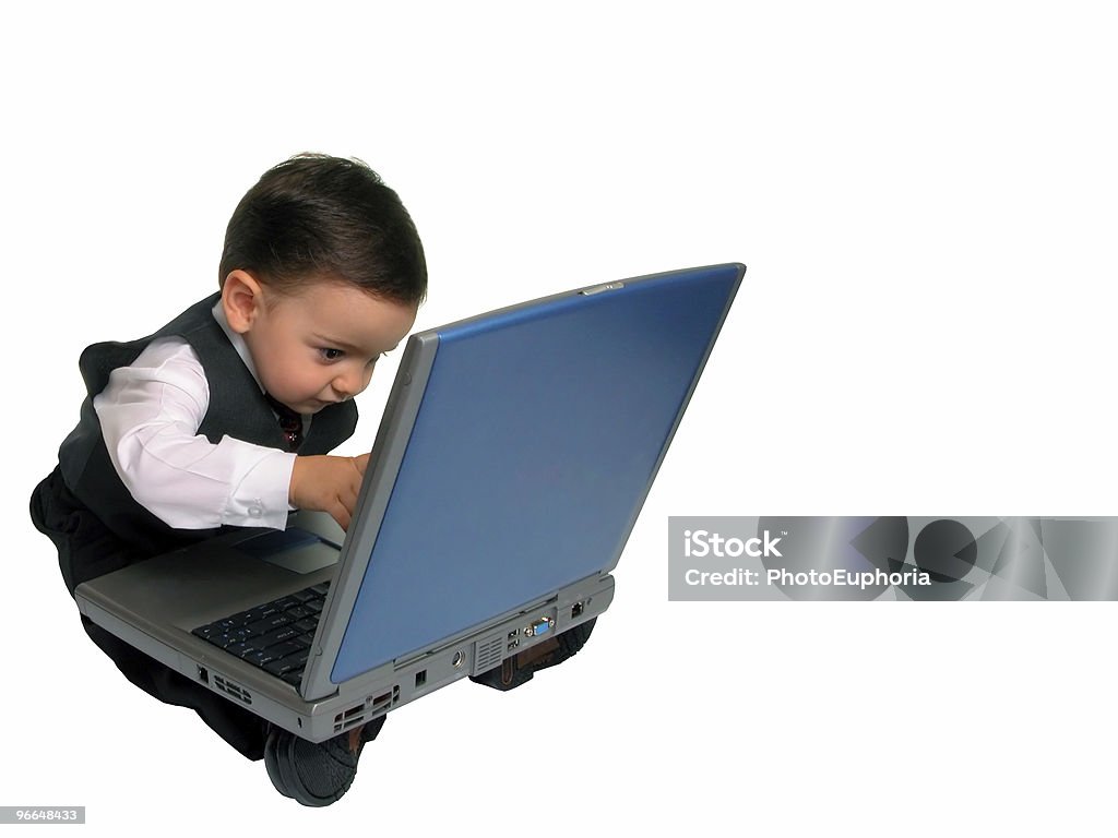 Adorable Baby Boy in Suit Checking His Email  American Culture Stock Photo