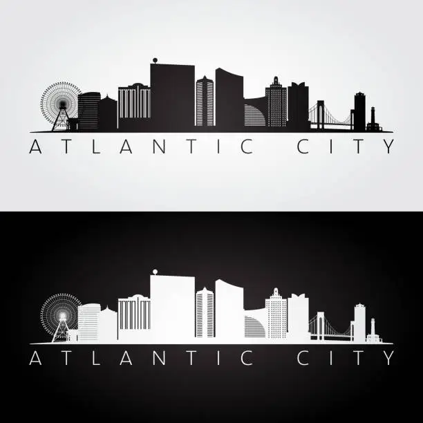 Vector illustration of Atlantic city, USA skyline and landmarks silhouette, black and white design, vector illustration.