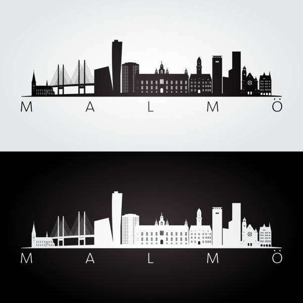 illustrazioni stock, clip art, cartoni animati e icone di tendenza di skyline malmo e silhouette di punti di riferimento, design in bianco e nero, illustrazione vettoriale. - malmo