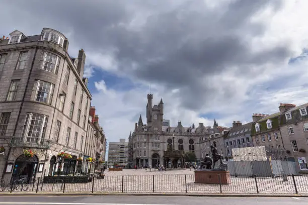 ABERDEEN, UNITED KINGDOM - AUGUST 3: View of the Mercat Cross, Gordon Highlanders statue and Salvation Army Church in the city of Aberdeen, United Kingdom on August 3, 2016.
