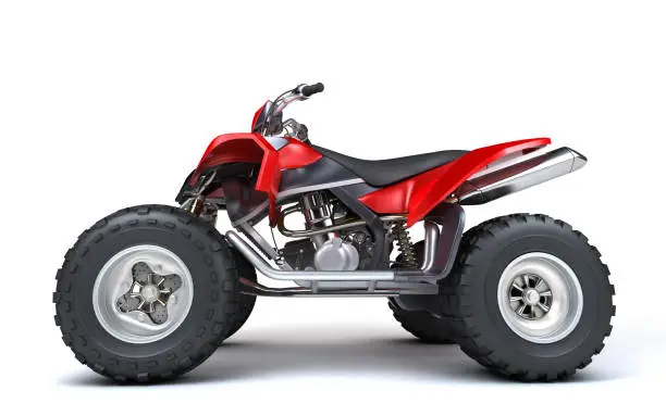 Side view of powerful red ATV quad bike isolated on white background. Perspective. 3D render.