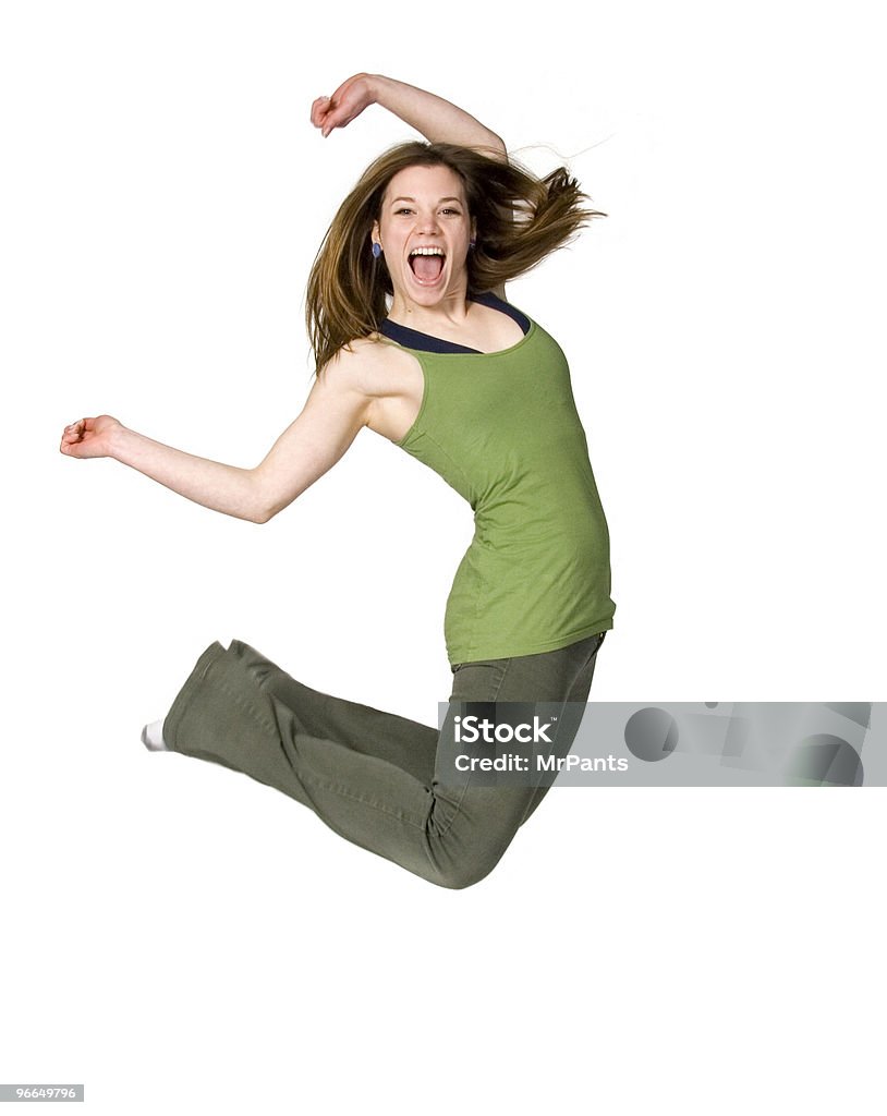 Jolie Teen fille sautant en l'Air sur fond blanc - Photo de Activité de loisirs libre de droits