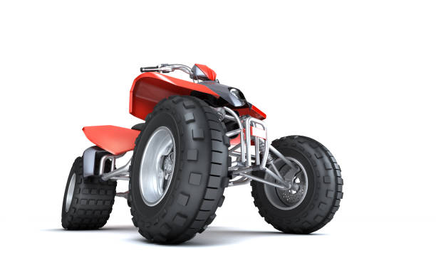 Massive concept. Powerful red ATV quad bike isolated on white background. Perspective. Bottom view. 3D render.