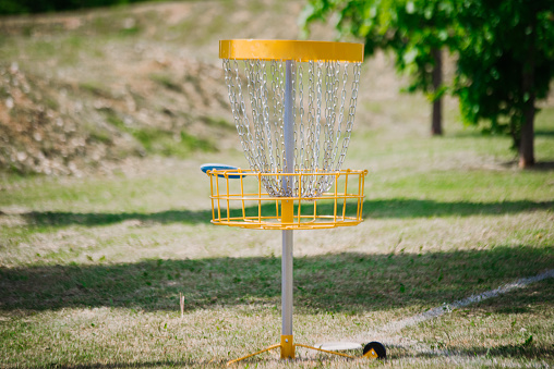 outdoor park discgolf sports game. Sunny day.