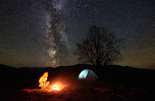 Camping night in mountains. Young tourist girl sits watching burning bonfire under deep dark starry sky with brightly lit tent and silhouette of big tree in background. Tourism and travel concept.