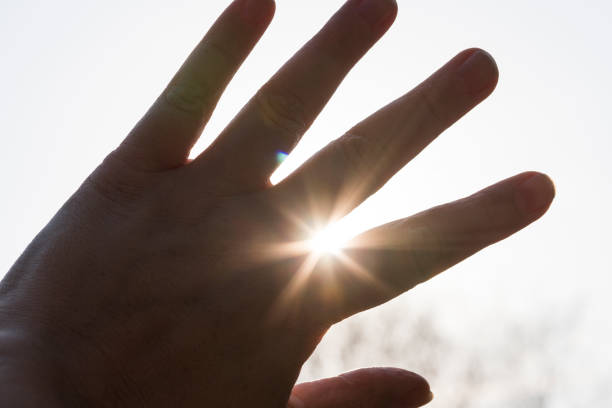 istock hand close-up, palm sun through fingers, rays 966506354