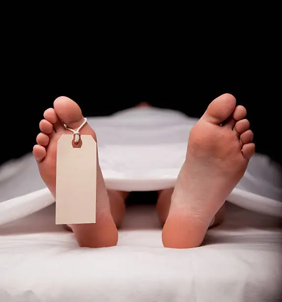 DSLR photo of deceased person laying on back, on table, covered in white sheet with toe tag attached. Selective focus fades to black background.