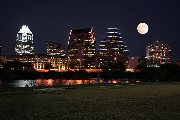 Downtown Austin, Texas at Night with Moon stock photo