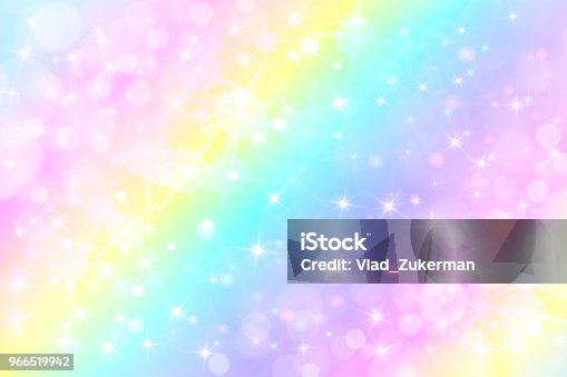 istock Holographic vector illustration in pastel color. Galaxy fantasy background. The Pastel sky with rainbow for unicorn. Clouds and sky with bokeh. 966519942