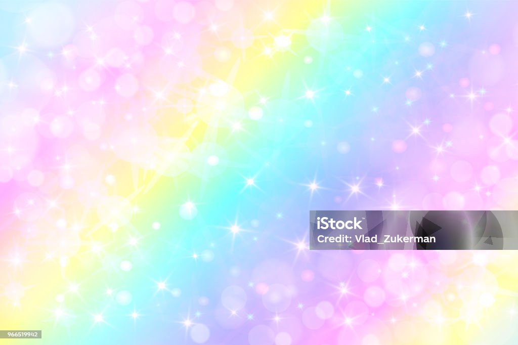 Holographic vector illustration in pastel color. Galaxy fantasy background. The Pastel sky with rainbow for unicorn. Clouds and sky with bokeh. Holographic pretty vector illustration in pastel color. Galaxy fantasy background. The Pastel sky with rainbow for unicorn. Sky with bokeh. Romantic purple backdrop for girl. Valentines day wallpaper. Rainbow stock vector