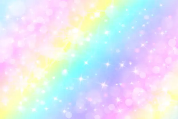 Vector illustration of Holographic vector illustration in pastel color. Galaxy fantasy background. The Pastel sky with rainbow for unicorn. Clouds and sky with bokeh.