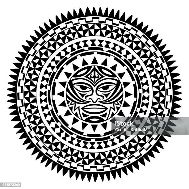 Circular Pattern In Form Of Mandala With Thunderlike Tiki Is Symbolmask Of God Traditional Ornaments Of Maori People Moko Style Vintage Decorative Tribal Border From Elements Of African Theme Stock Illustration - Download Image Now