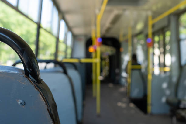 istock Modern city bus interior and seats. Public transport 966523656