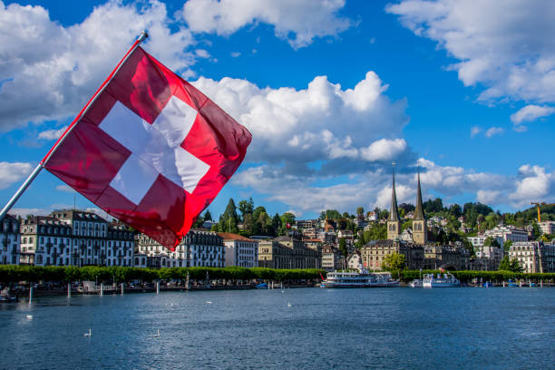 Lake Lucerne, the fourth largest lake of Switzerland Lake Lucerne, the fourth largest lake of Switzerland swiss flag photos stock pictures, royalty-free photos & images