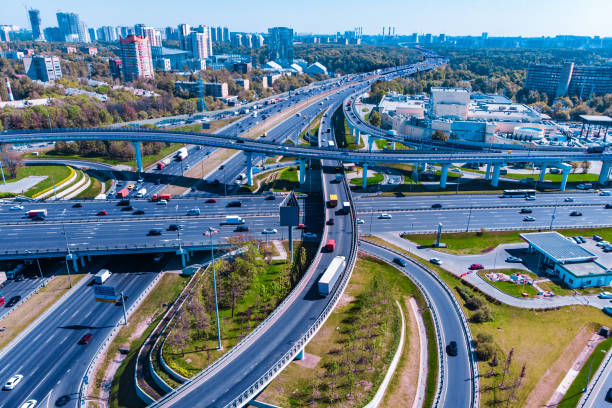 istock Aerial view of a freeway intersection. Road junctions in a big city 966549204