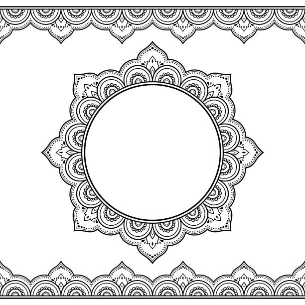 satz von nahtlosen grenzen und kreisförmige ornament für design, anwendung von henna, mehndi und tätowierung. dekorative muster im ethno-orientalischen stil. - hennatätowierung stock-grafiken, -clipart, -cartoons und -symbole