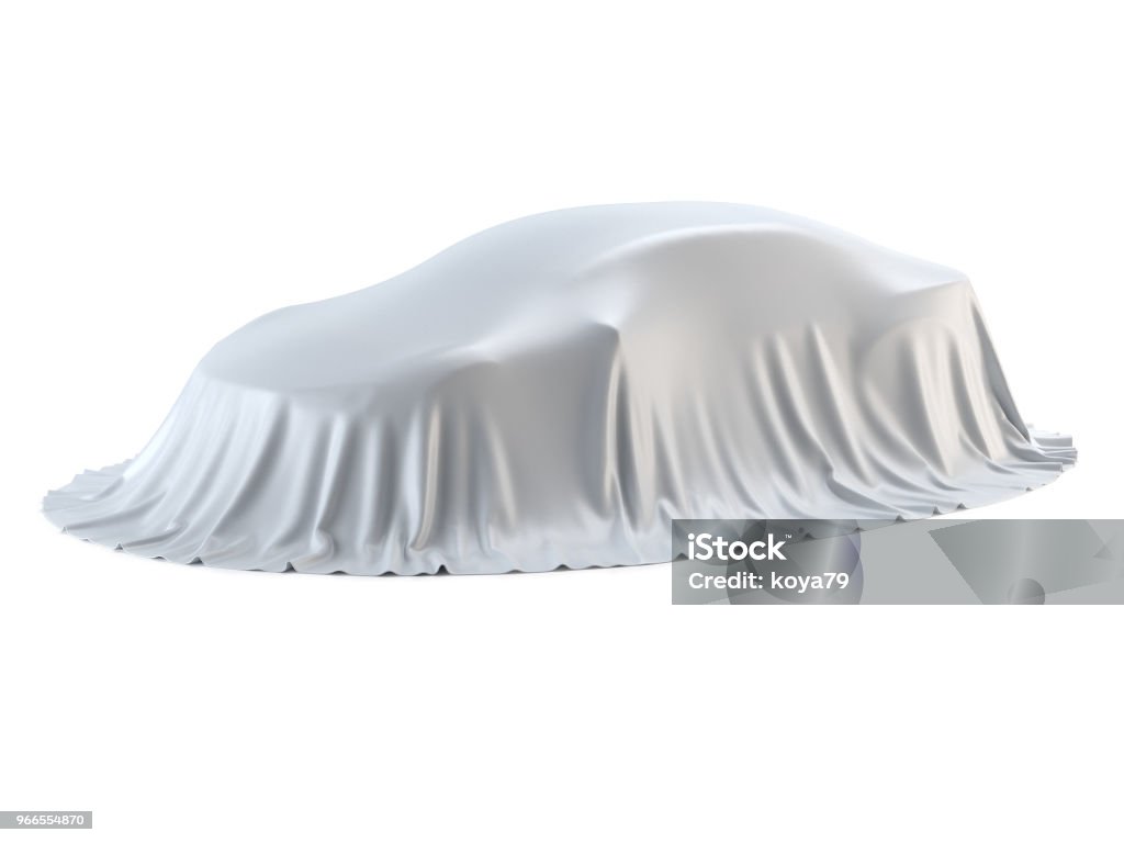 New car presentation, model reveal, hidden under white cover, isolated on white background New car presentation, model reveal, hidden under white cover, isolated on white background, 3d rendering Car Stock Photo