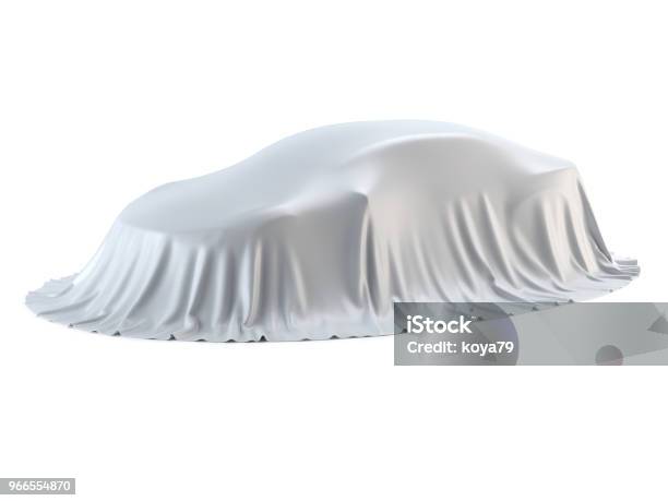 New Car Presentation Model Reveal Hidden Under White Cover Isolated On White Background Stock Photo - Download Image Now