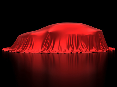 New car presentation, model reveal, hidden under red cover, isolated on black background, 3d rendering