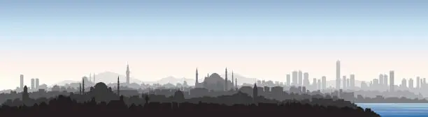 Vector illustration of Istanbul city skyline. Travel Turkey background. Turkish urban cityscape with landmarks