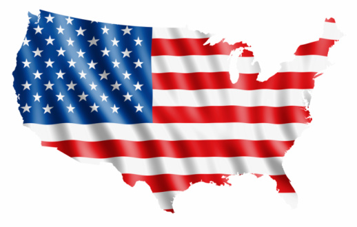 Rendered Map of USA filled with a waving flag. Clipping path included