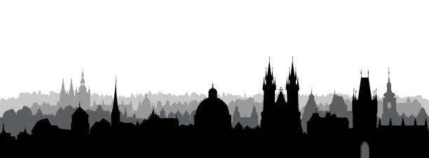 Prague city, Chezh. Urban skyline with cathedral landmark buildings silhouette. Travel Prague background Prague city, Chezh. Urban skyline with cathedral landmark buildings silhouette. Travel Prague background prague art stock illustrations
