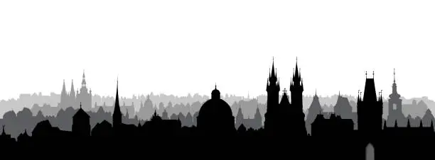 Vector illustration of Prague city, Chezh. Urban skyline with cathedral landmark buildings silhouette. Travel Prague background