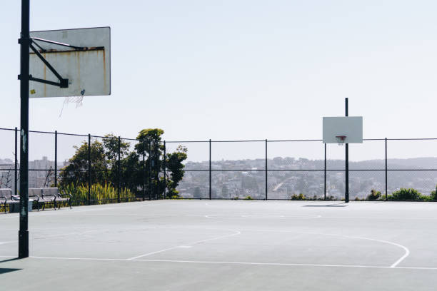 Basketball court outdoor on top of the hill stock photo