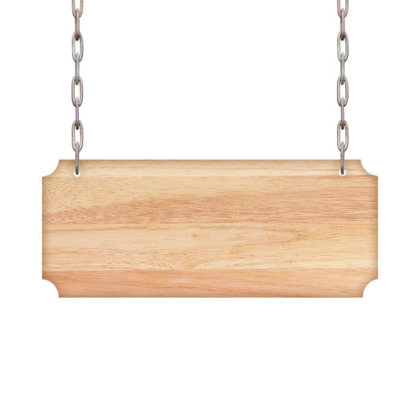 istock Wooden sign hanging on a chain isolated on white background. 966578656