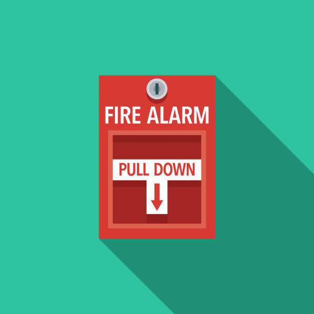 ikona požárního poplachu s plochým designem záchranných služeb - elektrická požární signalizace stock ilustrace