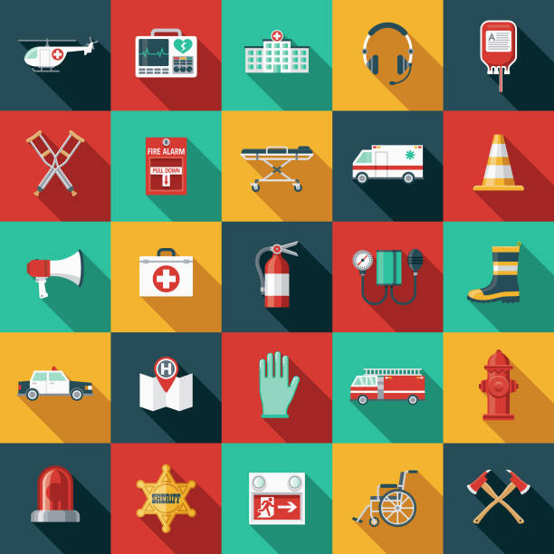 Emergency Services Flat Design Icon Set with Side Shadow A set of flat design styled emergency services icons with a long side shadow. Color swatches are global so it’s easy to edit and change the colors. first responders icon stock illustrations