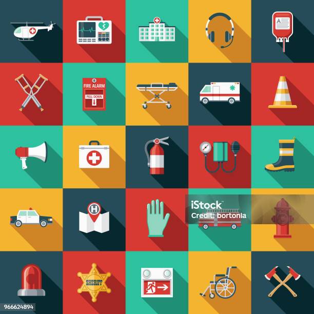 Emergency Services Flat Design Icon Set With Side Shadow Stock Illustration - Download Image Now