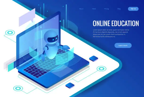 Vector illustration of Isometric Science teacher bot concept. Artificial Intelligence, Knowledge Expertise Intelligence Learn. Technology and engineering. Online training banner.