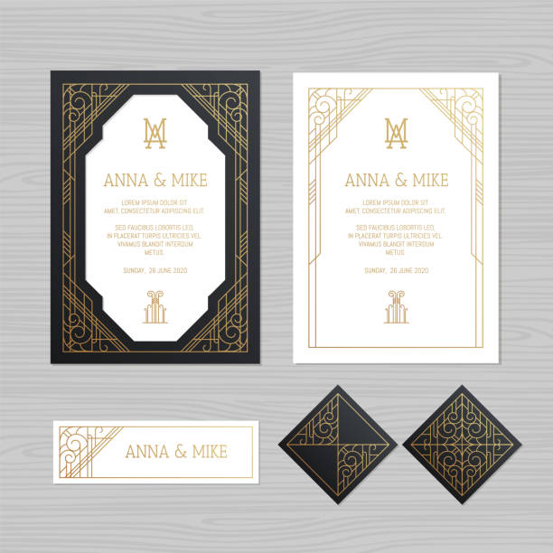 ilustrações de stock, clip art, desenhos animados e ícones de luxury wedding invitation or greeting card with geometric ornament. art deco style. paper lace envelope template. wedding invitation envelope mock-up for laser cutting. vector illustration. - image created 1920s