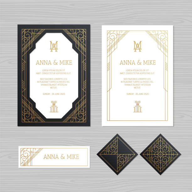 Luxury wedding invitation or greeting card with geometric ornament. Art Deco style. Paper lace envelope template. Wedding invitation envelope mock-up for laser cutting. Vector illustration. Luxury wedding invitation or greeting card with geometric ornament. Art Deco style. Paper lace envelope template. Wedding invitation envelope mock-up for laser cutting. Vector illustration. blueprint borders stock illustrations